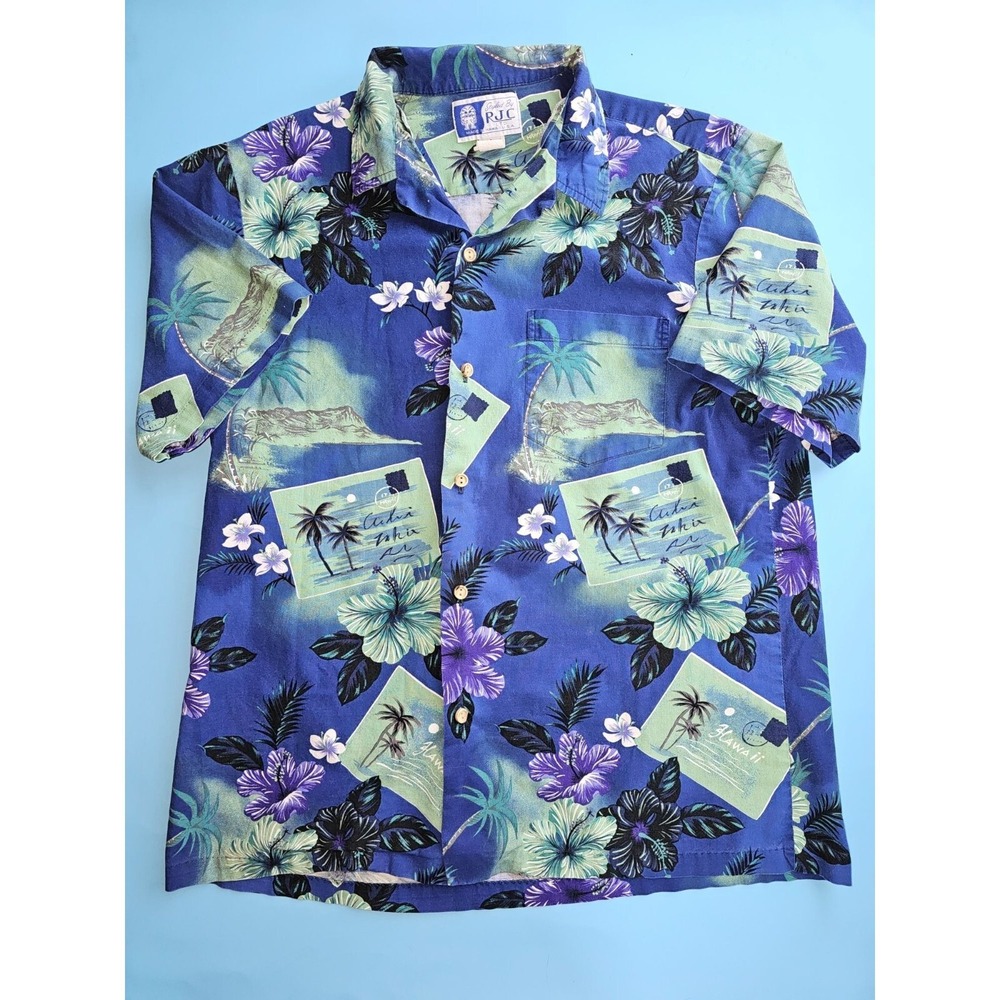 RJC Ltd Hawaiian Shirt Men's L Blue Floral Postcard Print Aloha Made in USA